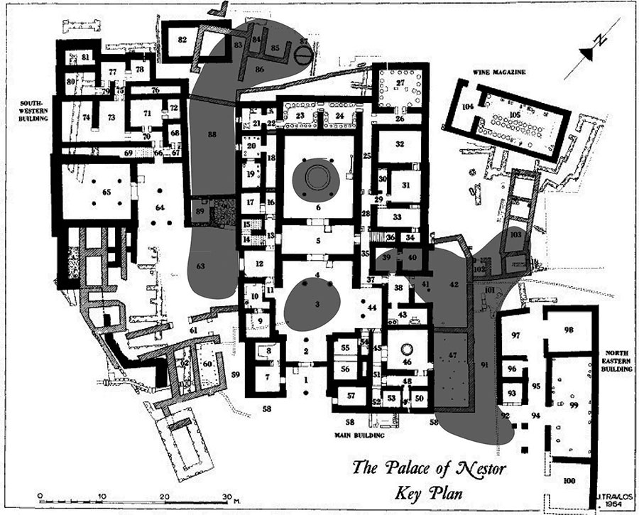 Fig. 1. Plan of the Palace of Nestor, showing distribution of greasy black stratum (modified from Blegen and Rawson 1966; courtesy Department of Classics, University of Cincinnati).