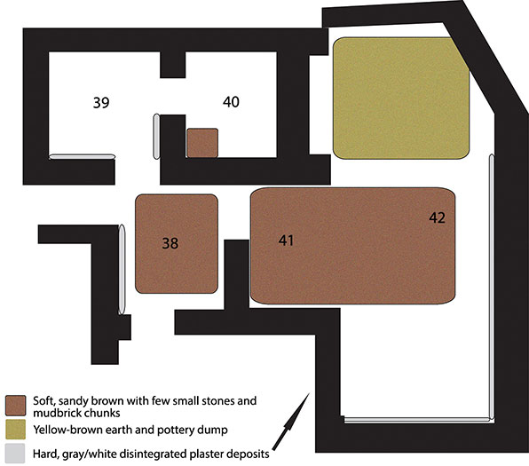 Fig. 6. Plan of Rooms 38–40, Porch 41, and Court 42, phase 1 post-destruction deposits.