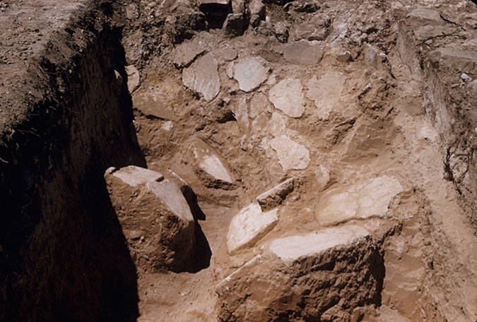 Fig. 10. Fallen floor plaster in Room 39, trench VEc, view from the northeast (Palace of Nestor Excavation Archives, slide P.54.4.9; courtesy Department of Classics, University of Cincinnati).