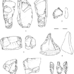 Fig. 4. Lower Paleolithic (middle levels) lithic industry from Kozarnika: a, core transformed into side scraper; b, d, f, borers; c, e, cores (drawing by S. Taneva, S. Sirakova, and I. Dimitrova).