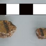 Fig. 8. Fragments (3055–16b, 3055–16d) of painted wall fresco, with red, orange (or yellow), and black decoration, from area D-South.