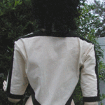 Fig. 24c. Experimental replication by the author of the frontless blouse, back view, of the Hagia Triada bucket carrier displayed in figure 11 of accompanying published article.