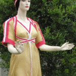 Fig. 28a. Experimental replication by the author of the blouse and dress (heanos) of Mykenaia, based on reconstruction C, three-quarter view.