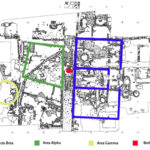 Fig. 2. Area Sacra/Monumental Complex, showing Edificio Beta, Area Alpha, Area Gamma, and the location of the bedrock cavity (Pian di Civita) (Tarquinia Project).