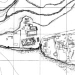 Fig. 15. Plan of the sacred areas at Gate V, showing the Sanctuary of the Chthonic Divinities (left) and a small temple alongside the walls (right). The area was defined on the northern side by a rectangular structure, probably a lesche (modified from De Miro 2000, fig. 1).