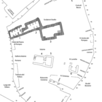 Fig. 3. Map of cellar rooms in the Theater of Pompey at Largo del Pallaro, 5–6. The small numbers in the street are addresses; the larger numbers indicate cellar rooms (drawing modified from D. Silenzi; courtesy University of London).