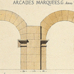 Fig. 8. Largo del Pallaro, 5–6, exterior of the arcade between Rooms 1/3 and 2/4, a section of the east wall of the aditus maximus (after Baltard 1837, pl. 3; courtesy École Nationale Supèrieure des Beaux-Arts, Paris).