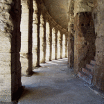 Fig. 10. The ambulacrum of the Theater of Marcellus. Note the construction of the walls (tuff blocks with travertine reinforcements) and the pavement (slabs of travertine).