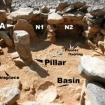 Fig. 34. Wisad Pools, Structure W-66, a corbeled dwelling dating to the Late Neolithic (ca. 6,500–6,000 B.C.E.): A, "shouldered" stone to the east of the pillar that acted as a roof support; N1, N2, constructed niches (G. Rollefson).