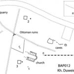 Fig. 1. Plan of sampled area of Kh. Duweir, showing proposed church (SE corner of church at 750097E 3590096N) and sounding squares 2 and 3.