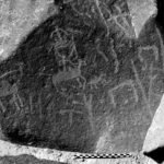 Fig. 1. Safaitic rock art from Jabal Qurma (site QUR-2, RA184), showing hunters on horses and camels. Dated between the first century B.C.E. and the fourth century C.E. (courtesy Jabal Qurma Archaeological Landscape Project).