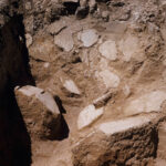 Fig. 10. Fallen floor plaster in Room 39, trench VEc, view from the northeast (Palace of Nestor Excavation Archives, slide P.54.4.9; courtesy Department of Classics, University of Cincinnati).