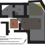 Fig. 13. Plan of Rooms 38–40, Porch 41, and Court 42, showing relative distribution of reuse deposits.