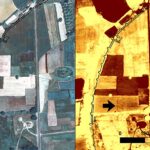 Fig. 8. The northwestern region of Mantinea from a QuickBird image taken 3 June 2012: left, true-color RGB; right, normalized difference vegetation index (NDVI) feature enhancement. Black arrow indicates the location of anomaly 18 (includes copyrighted material of DigitalGlobe, Inc.; all rights reserved).