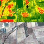 Fig. 10. The northwestern region of Mantinea from a QuickBird image taken 13 September 2003: top, with green normalized difference vegetation index (NDVI) feature enhancement applied; bottom, with surface anomalies marked. Black arrow indicates the location of anomaly 15 relative to Gate A (includes copyrighted material of DigitalGlobe, Inc.; all rights reserved).