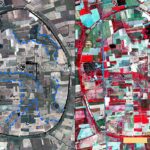 Fig. 12. QuickBird image taken 10 June 2009 indicating the paths (dotted blue line) of possible paleochannels at Mantinea in true-color RGB (left) and false-color infrared (right) (includes copyrighted material of DigitalGlobe, Inc.; all rights reserved).