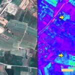 Fig. 15. The southern region of Elis from a GeoEye-1 image taken 20 July 2009: left, true-color RGB; right, weighted difference vegetation index (WDVI) feature enhancement. Yellow arrows indicate the location of anomalies 39 and 44 (includes copyrighted material of DigitalGlobe, Inc.; all rights reserved).