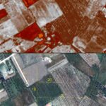 fig. 16. Elis from a QuickBird image taken 30 April 2010: top, with green normalized difference vegetation index (NDVI) feature enhancement applied; bottom, with surface anomalies marked by numbers. The linear outlines of anomalies 19–21 are distinct in the feature enhancement (includes copyrighted material of DigitalGlobe, Inc.; all rights reserved).