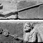 Fig. 17. Spandrel blocks from the Arch of Hadrian and Sabina with reliefs depicting a Gaul and a Parthian returning Roman military emblems (D.M. Robinson, archive photograph, 1924, no. KR110.04; G.R. Swain, archive photograph, 1924, no. 7.1613, Pisidian Antioch excavation archive, Kelsey Museum of Archaeology, University of Michigan; courtesy Kelsey Museum of Archaeology).