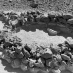 Fig. 1. View of the excavated double-apsidal dwelling structure from Tulul al-Ghusayn, with two large grinding slabs in situ.