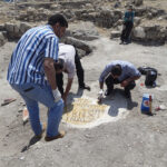 Fig. 6. Recovery of the mosaic in Area III at Tall Zira‘a by experts from the Department of Antiquities of Jordan.