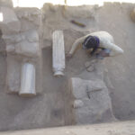 Fig. 14. Khirbat esh-Sheik ‘Isa trench IX, showing recently discovered mosaic floor and marble columns.