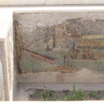 Fig. 13. Detail of the interior face of the western bench of the Casa dell’Efebo water triclinium. Visible features include those labeled on print-published fig. 11 as A, B, C, and U.