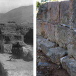 Fig. 1. Remains of plaster coating on the sandstone facade on the West Court: a, west facade of Rooms III 5 and I 7 during the excavations of the palace at the beginning of the 20th century, looking east (Pelon 1980, pl. 8.1; courtesy École française d’Athènes); b, view of plaster coating still preserved in the joints of the sandstone facade south of the West Wing (south wall of Room XX 2, looking northwest).