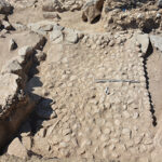 Fig. 2. Cobble surface in the southeast corner of the Blue Stone Structure overlying Tombs 2 and 4. In the lower left corner, the south stele can be seen built into the support wall for the LH I tumulus. Seen from the north.