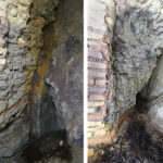 Fig. 5. Hacked concrete cores: left, behind Pier 5; right, behind Pier 11. Tiers of aggregate and visible bipedales running through the thickness of the piers demonstrate that the cores are Roman (R.B. Gorham).