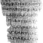 Fig. 1. Derveni papyrus, Archaeological Museum of Thessaloniki, lines 1–14 of fr. B12 of column 62, showing theta with diagonal crossbar in line 3. Ht. of letters 2.2–2.5 mm (infrared photograph by G.A. Ware, using Principal Component Analysis for Brigham Young University Ancient Textual Imaging, 2006; courtesy Photographic Archive, Archaeological Museum of Thessaloniki; © Hellenic Ministry of Culture and Sports—Fund for Archaeological Revenues).