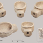 Fig. 3. Various views of the limestone pot bellow uncovered on the floor of Room C in the MB IIC fortress (by T. Rogovski).