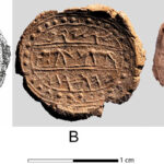 Fig. 17. Clay bulla bearing the Hebrew inscription l’lyqm yhwzrḥ (belonging to Eliakim [son of] Yehozaraḥ) 1, technical drawing; 2, front; 3, back with a papyrus impression. The middle register is decorated with two does facing one another. Two identical bullae from the Level III Assyrian destruction of 701 BCE were found (drawing by A. Yardeni;, photographs by T. Rogovski).