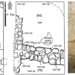 Fig. 1. Drawings of walls exposed in “B4g9” sondage, with view of large posthole and coursed mudbrick in eastern balk.