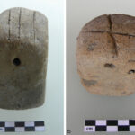 Fig. 16. Loomweights with incised patterns: a, HM22810, from cobbled layer between Terraced Building Phases 1 and 2; b, HM27135, from surface cleaning on the south rim (now in the Elmalı Museum).