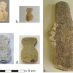 Fig. 17. EBA stone idols from later contexts: a, marble or limestone, HM24986, from surface; b, marble or alabaster, HM17236, from “B4i10”; c, marble, HM8526, from D6f8; d, limestone, HM17800, from “B4i8–i9”; e, limestone, HM20407, from D5j6 (b now in the Antalya Museum; e now in the Elmalı Museum).