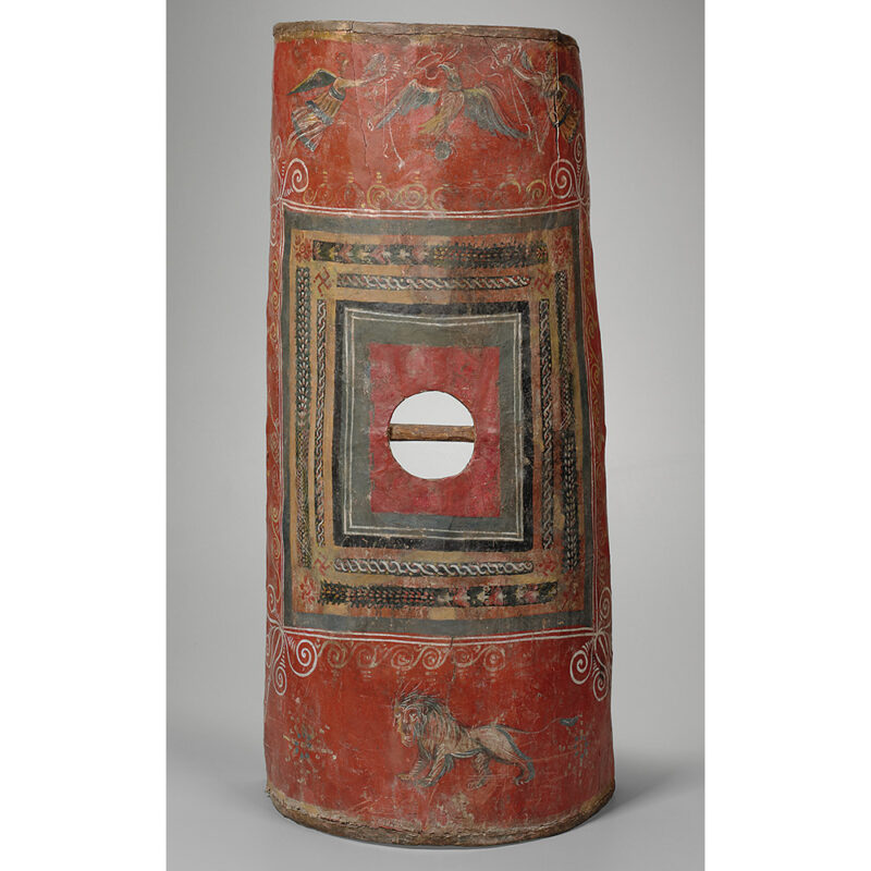 Scutum from Dura-Europos, painted wood and leather with bronze edge binding, ht. 105.5 cm, width. 41 cm, depth 30 cm. New Haven, Yale University Art Gallery 1933.715, acq. 1933 (courtesy British Museum).