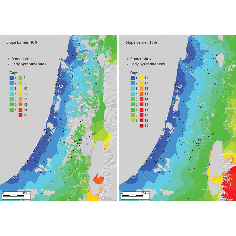 Map of transport cost zones with absolute barriers of slope inclination at 10% (left) and 15% (right) levels. Cost zones are numbered according to the number of days needed for transport by ox cart.