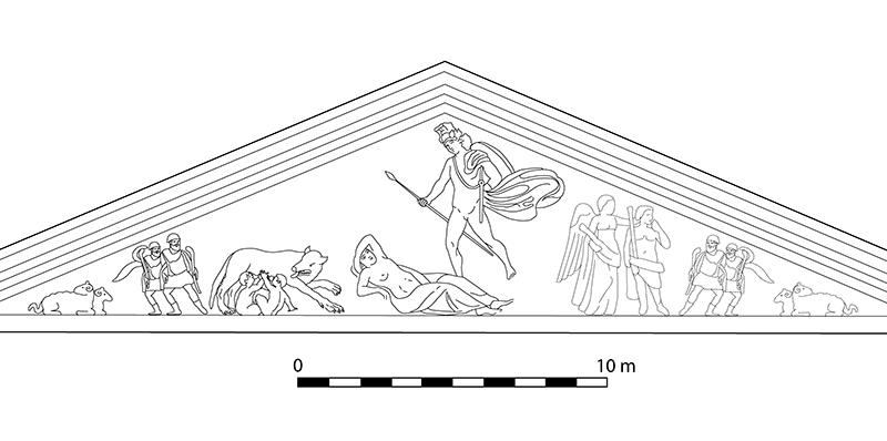Reconstruction of pediment with scenes from the life of Romulus, after the Museo Nazionale Romano delle Terme relief, with conjectured figures toward the right shown in lighter outlines (drawing by A. Anderson).